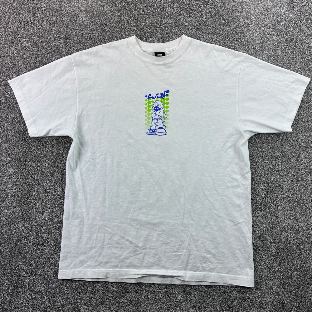 HUF Hell Razor Shirt Mens Large White Cyber Devil Character Cartoon Skateboard